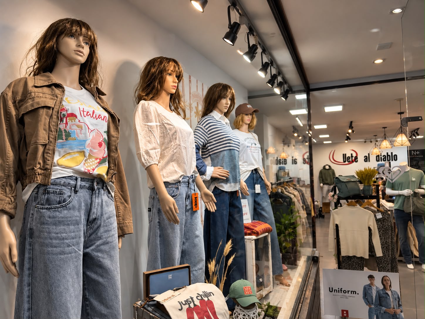 Vidriera y colección de ropa de mujer